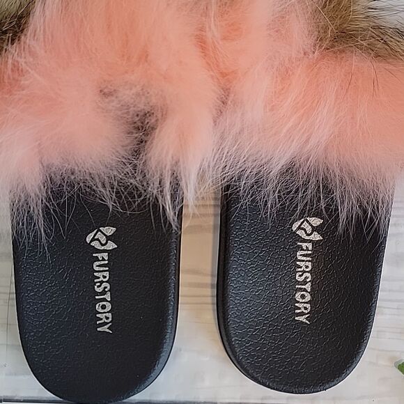 Fur Story Fluffy Fox Fur Slide Sandals Brown White And Pink Womens Size 9 - Picture 4 of 9
